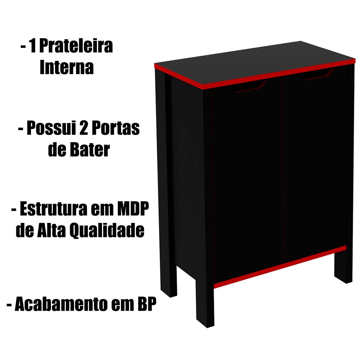Armário Gamer para Escritório Multiuso Baixo 2 Portas Preto/Vermelho