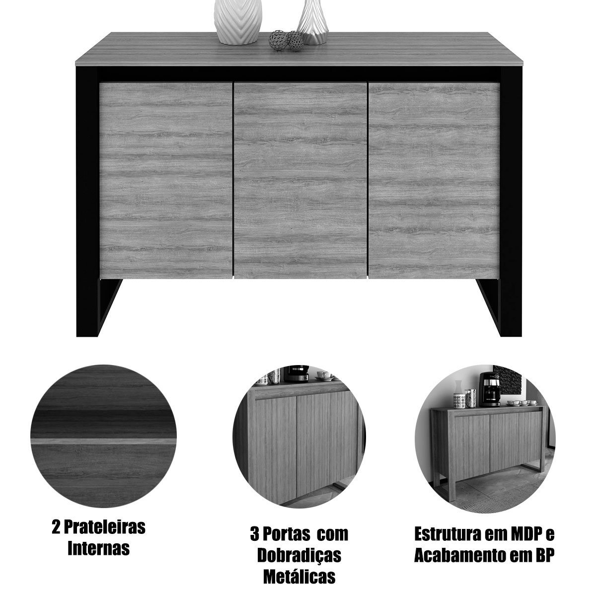 Balcão Armário para Escritório 3 Portas em MDP Amêndoa/Preto