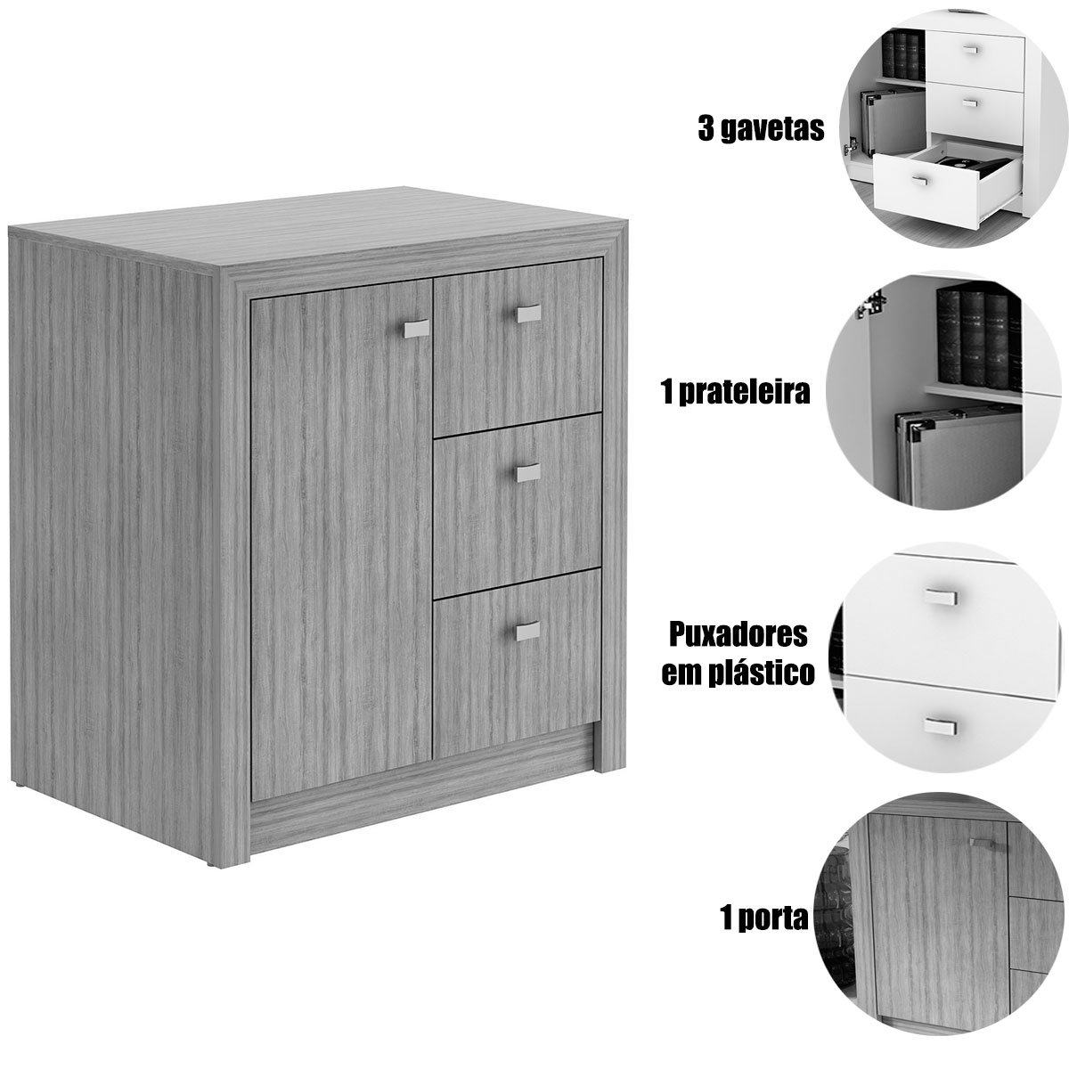 Balcão Armário para Escritório com 1 porta e 3 Gavetas Branco