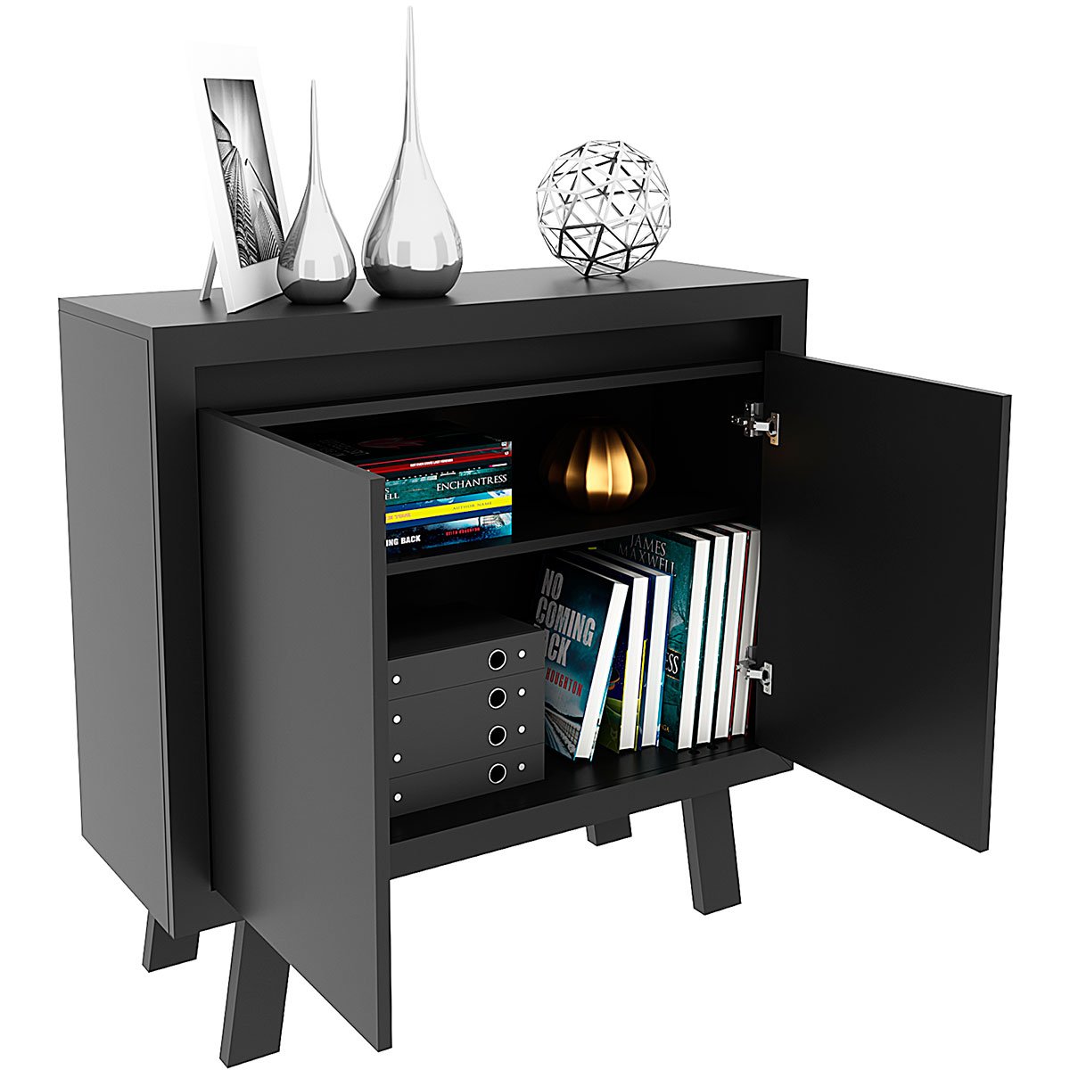 Balcão Armário para Escritório com 2 portas e 1 Prateleira Preto