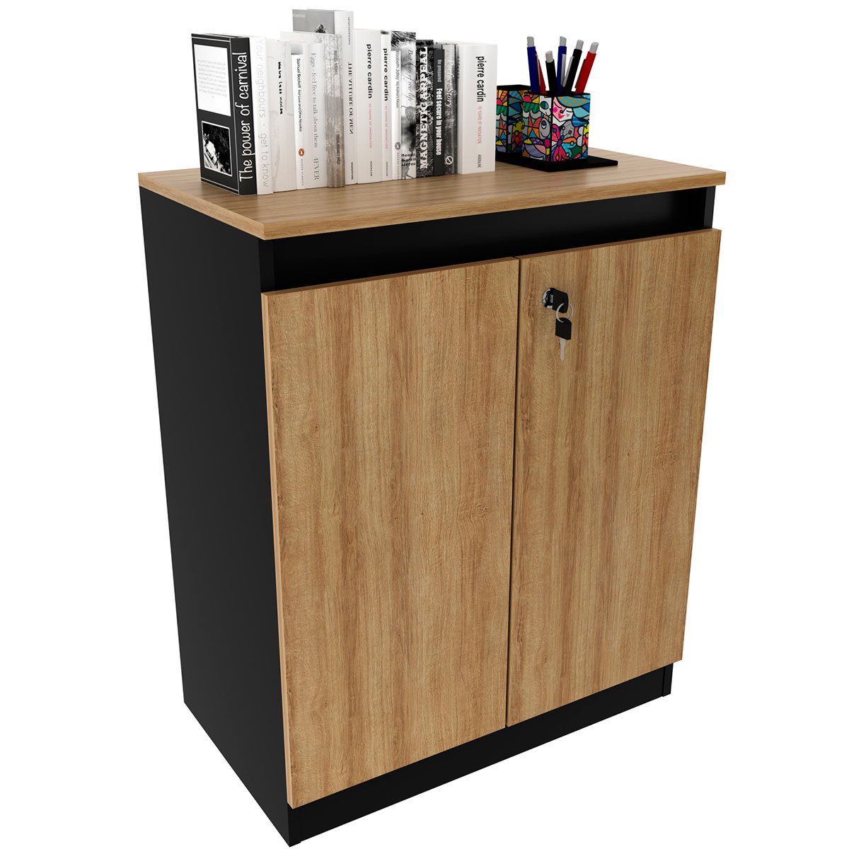 Balcão para Escritório 2 Portas com Chave Pequeno Amêndoa/Preto