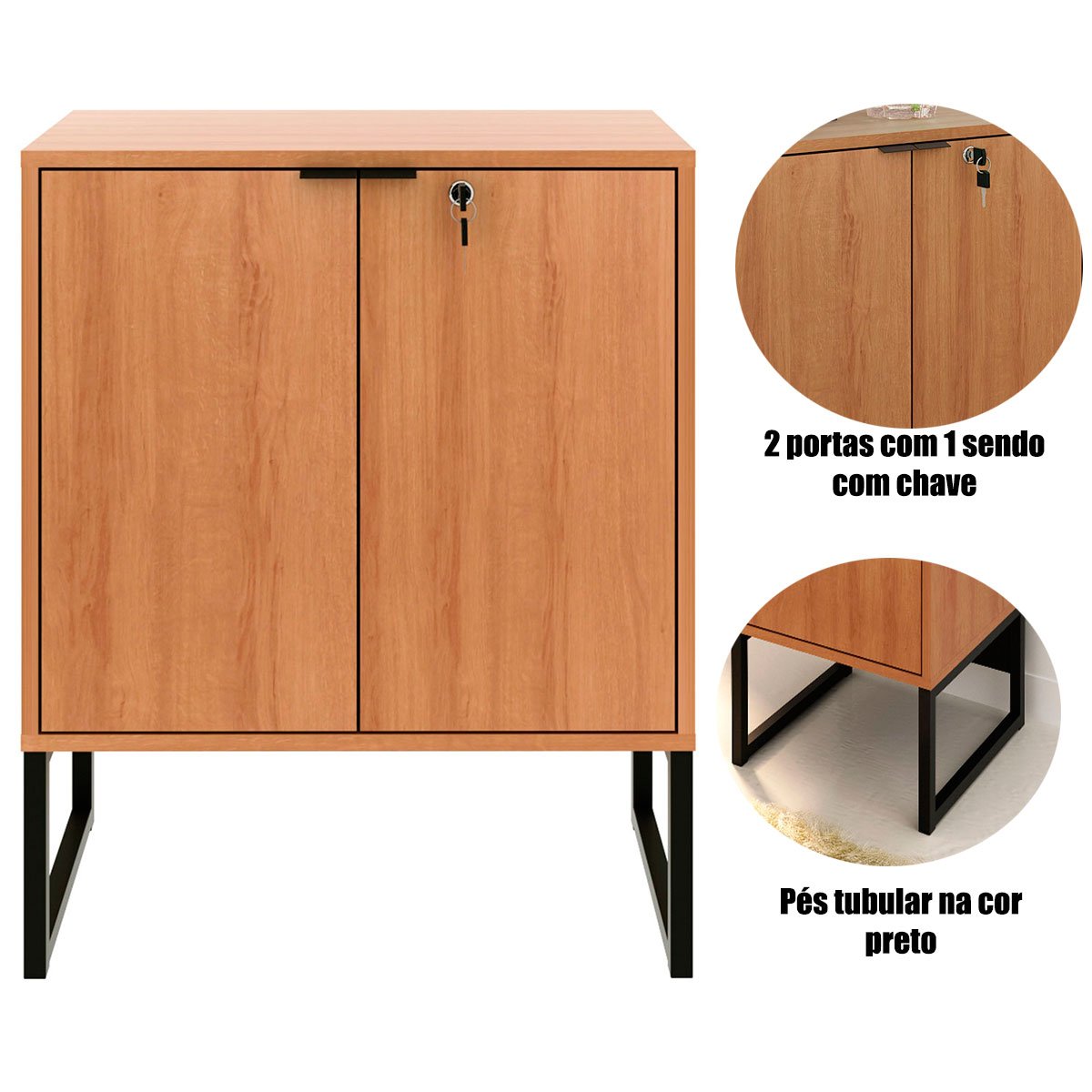 Balcão para Escritório 2 Portas com Chave Pequeno Amêndoa/Preto
