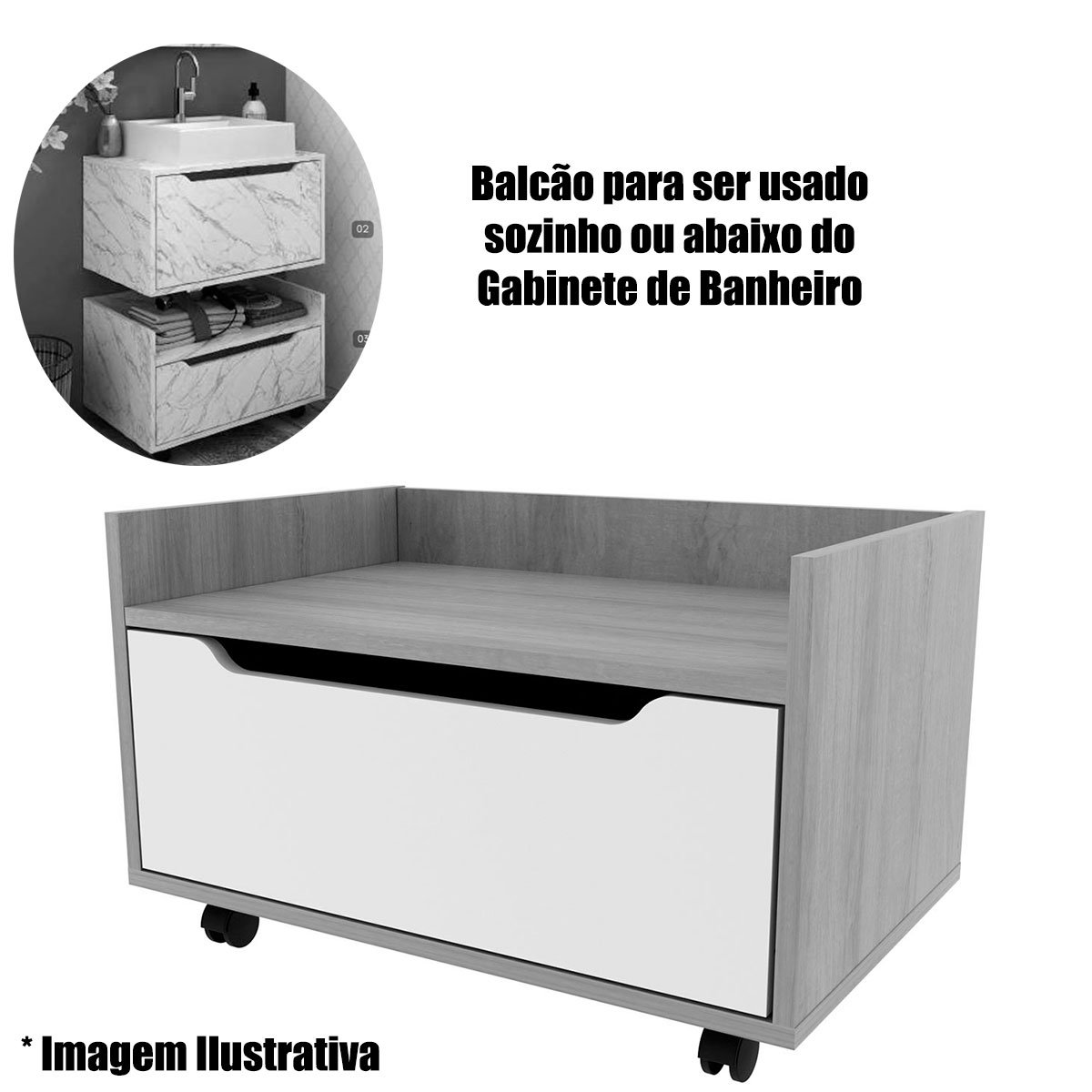 Balcão para Gabinete de Banheiro 1 Gaveta com Rodízio Amêndoa/Branco