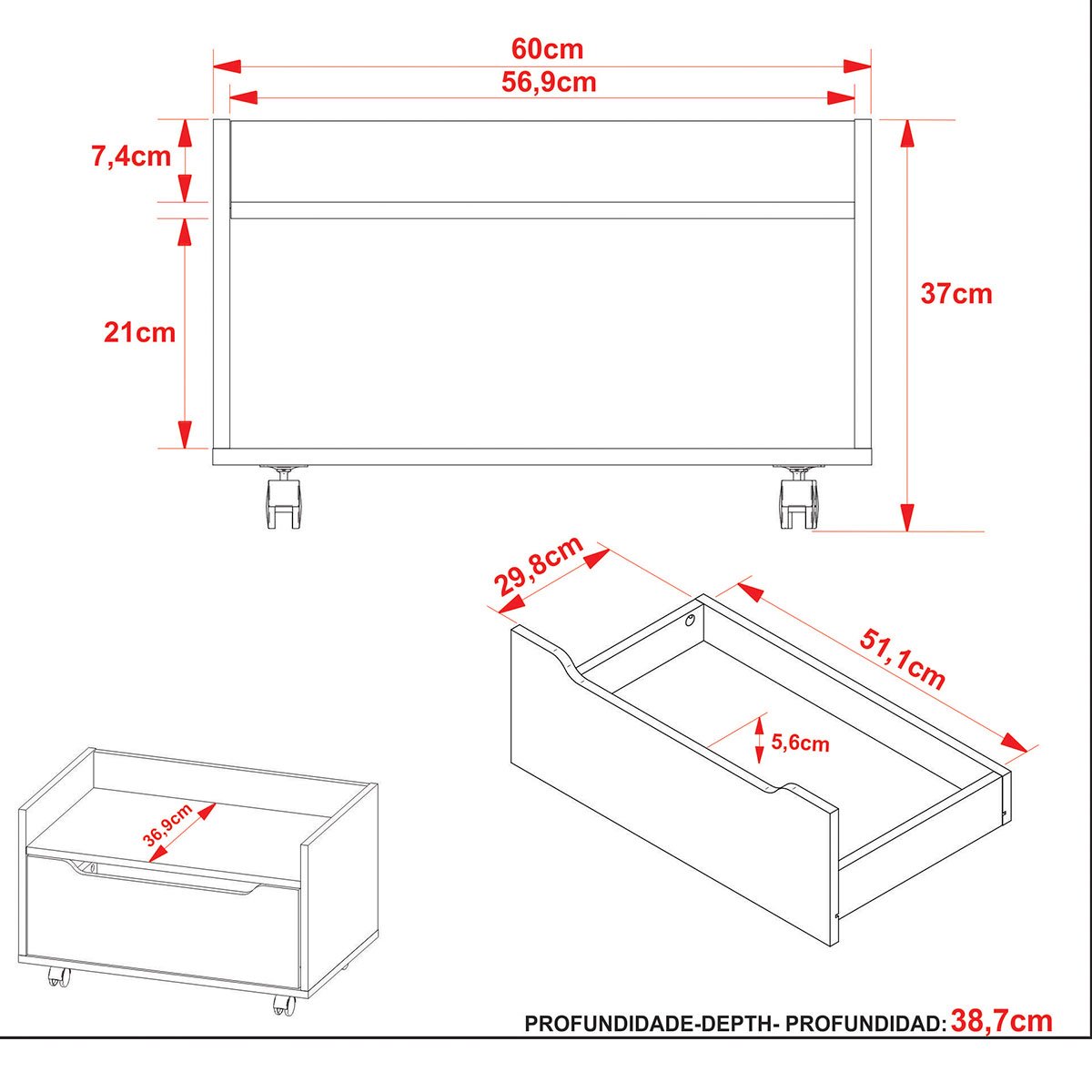 Balcão para Gabinete de Banheiro 1 Gaveta com Rodízio Amêndoa/Branco