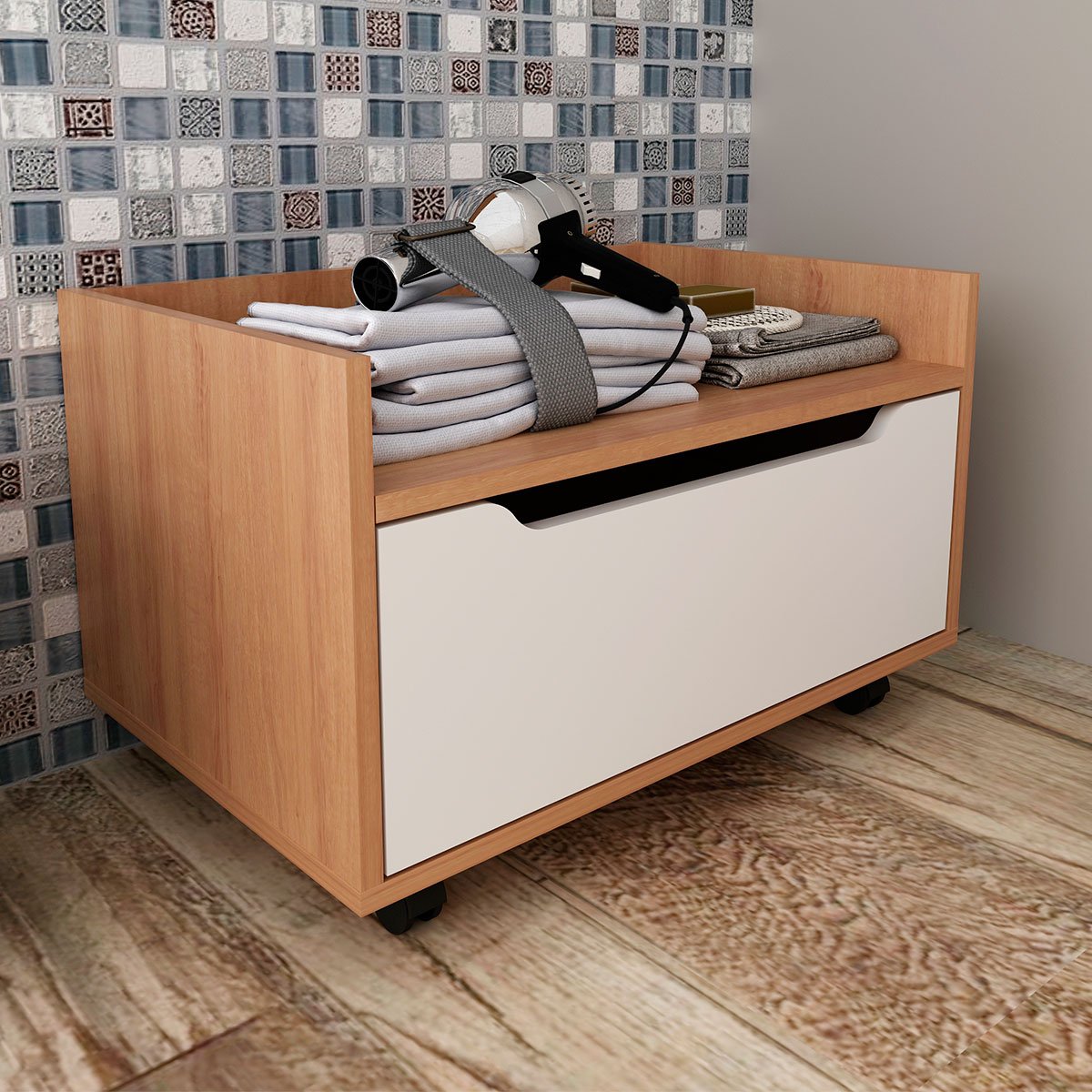 Balcão para Gabinete de Banheiro 1 Gaveta com Rodízio Amêndoa/Branco