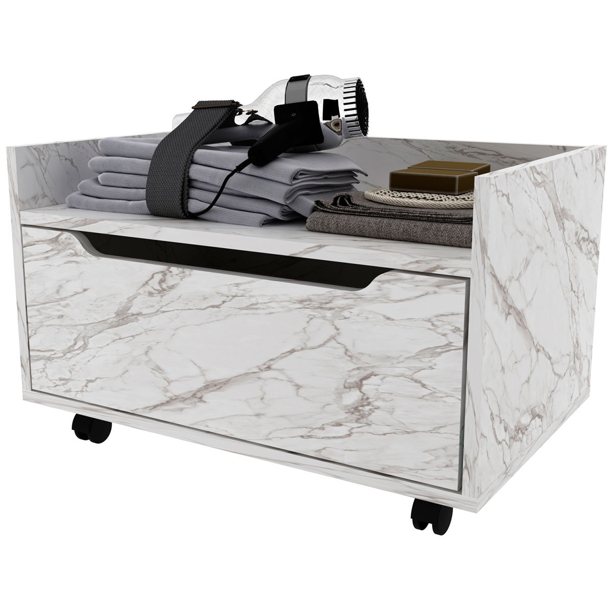 Balcão para Gabinete de Banheiro 1 Gaveta com Rodízio Mármore Branco