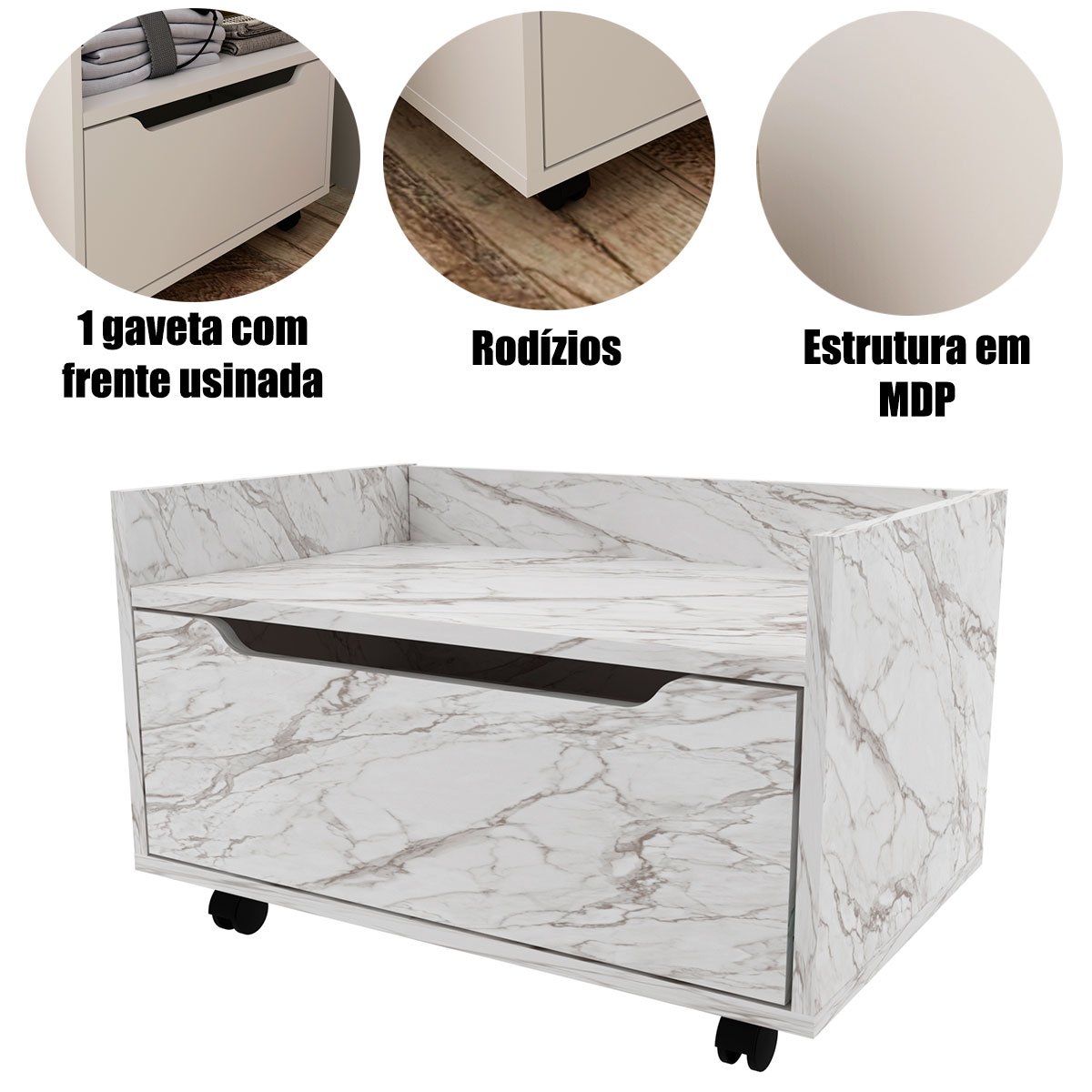 Balcão para Gabinete de Banheiro 1 Gaveta com Rodízio Mármore Branco