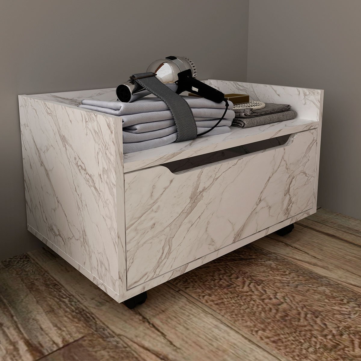 Balcão para Gabinete de Banheiro 1 Gaveta com Rodízio Mármore Branco