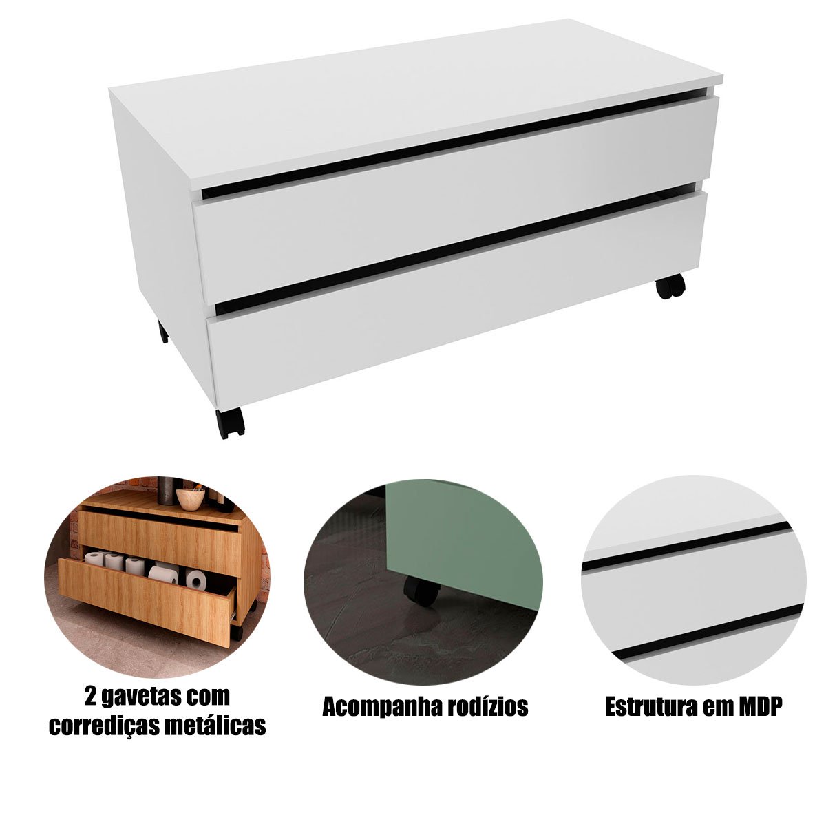 Balcão para Gabinete de Banheiro 2 Gavetas com Rodízios Branco