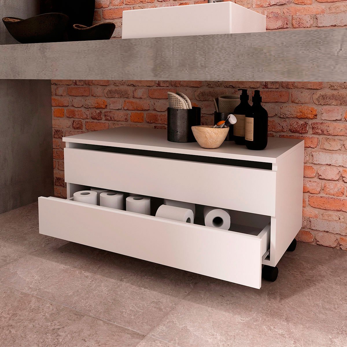 Balcão para Gabinete de Banheiro 2 Gavetas com Rodízios Branco