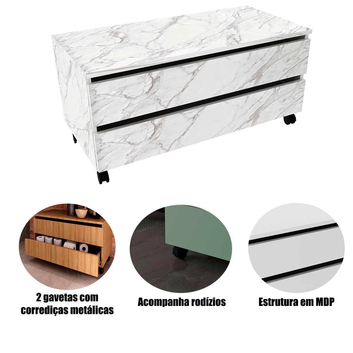 Balcão para Gabinete de Banheiro 2 Gavetas com Rodízios Mármore Branco