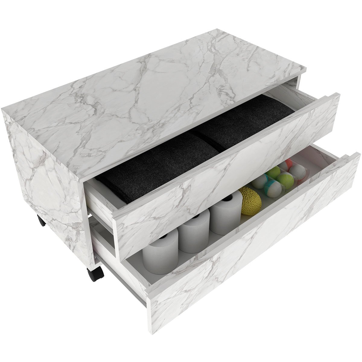 Balcão para Gabinete de Banheiro 2 Gavetas com Rodízios Mármore Branco