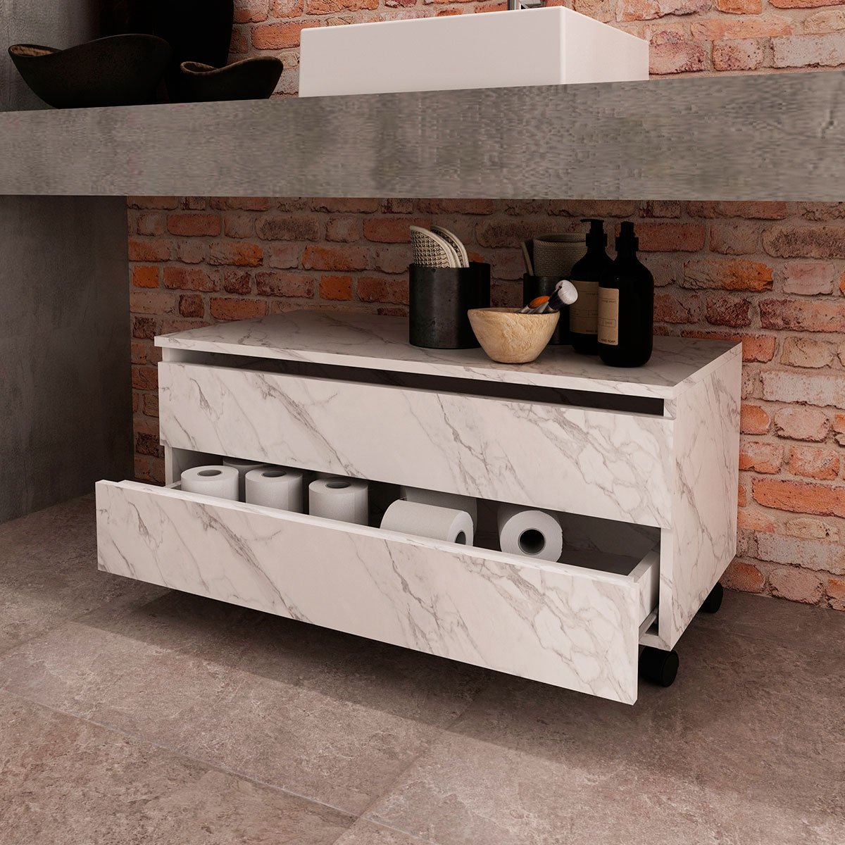 Balcão para Gabinete de Banheiro 2 Gavetas com Rodízios Mármore Branco