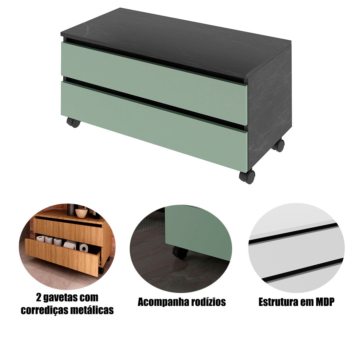 Balcão para Gabinete de Banheiro 2 Gavetas com Rodízios Mármore Lunar/Verde Mar