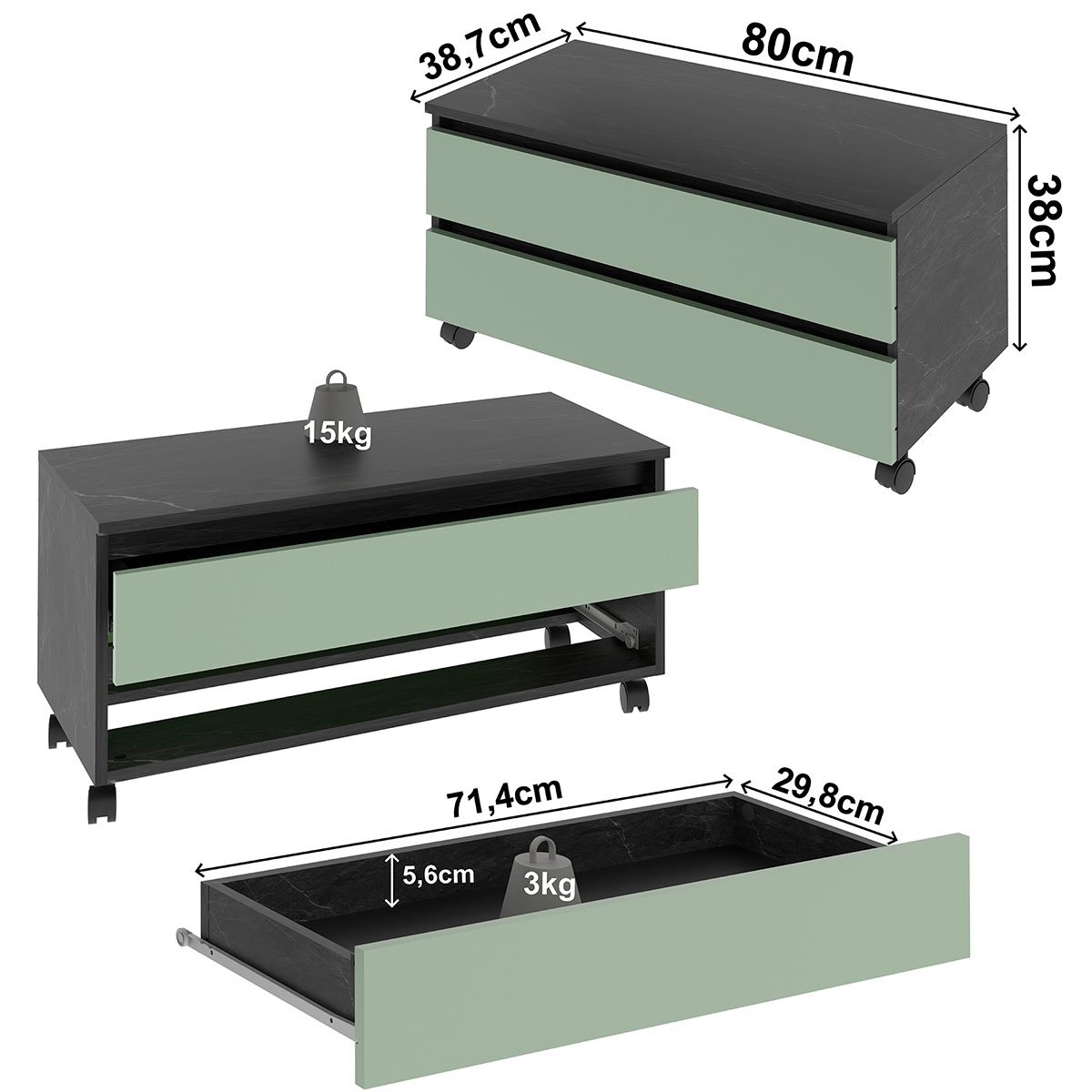 Balcão para Gabinete de Banheiro 2 Gavetas com Rodízios Mármore Lunar/Verde Mar