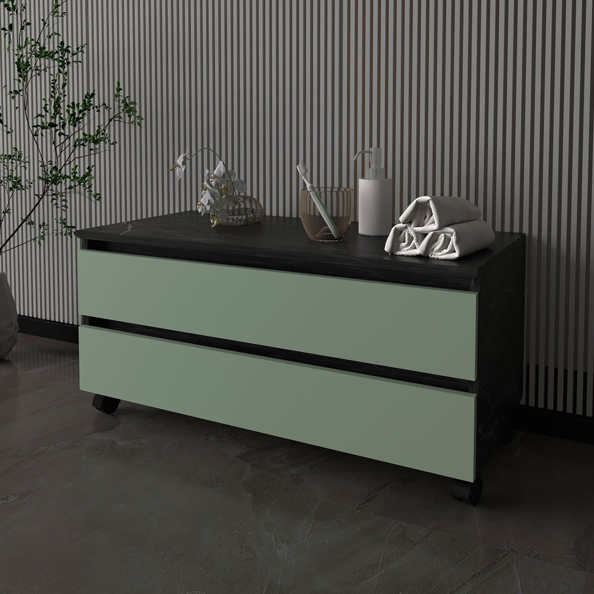 Balcão para Gabinete de Banheiro 2 Gavetas com Rodízios Mármore Lunar/Verde Mar