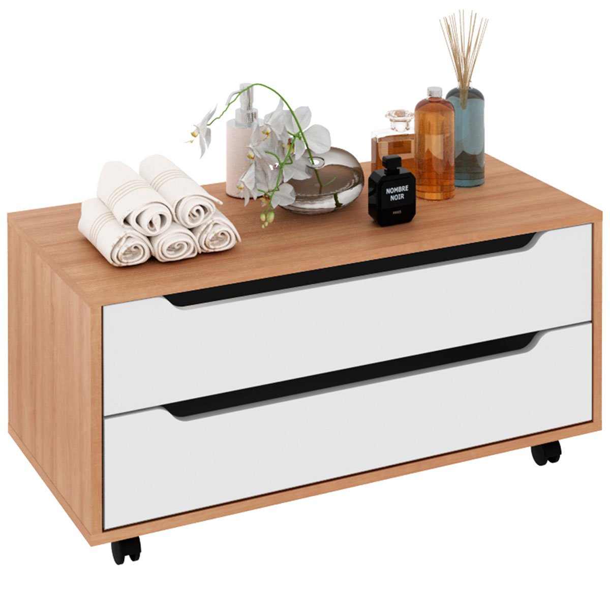 Balcão para Gabinete de Banheiro 2 Gavetas e Rodízios Amêndoa/Branco
