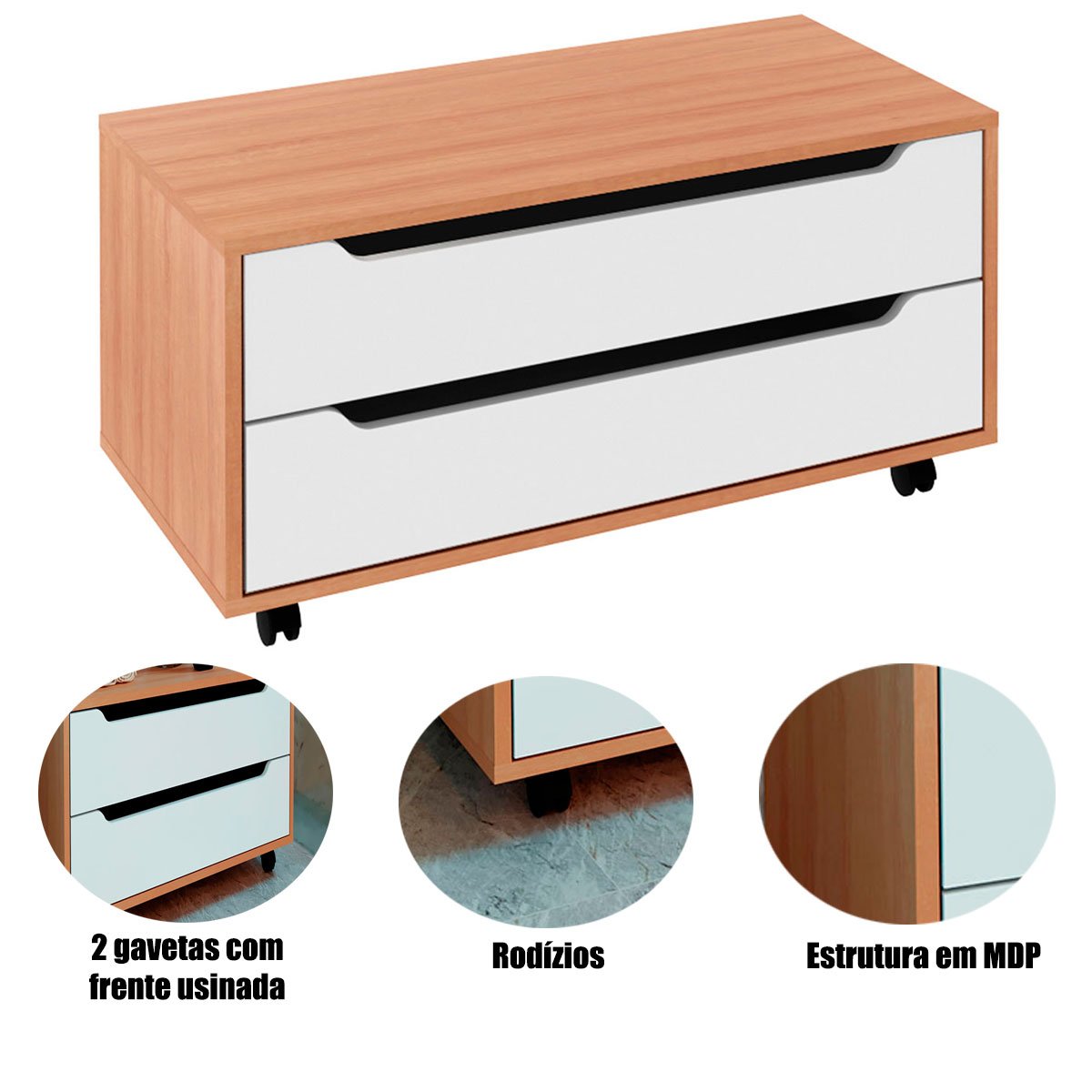 Balcão para Gabinete de Banheiro 2 Gavetas e Rodízios Amêndoa/Branco