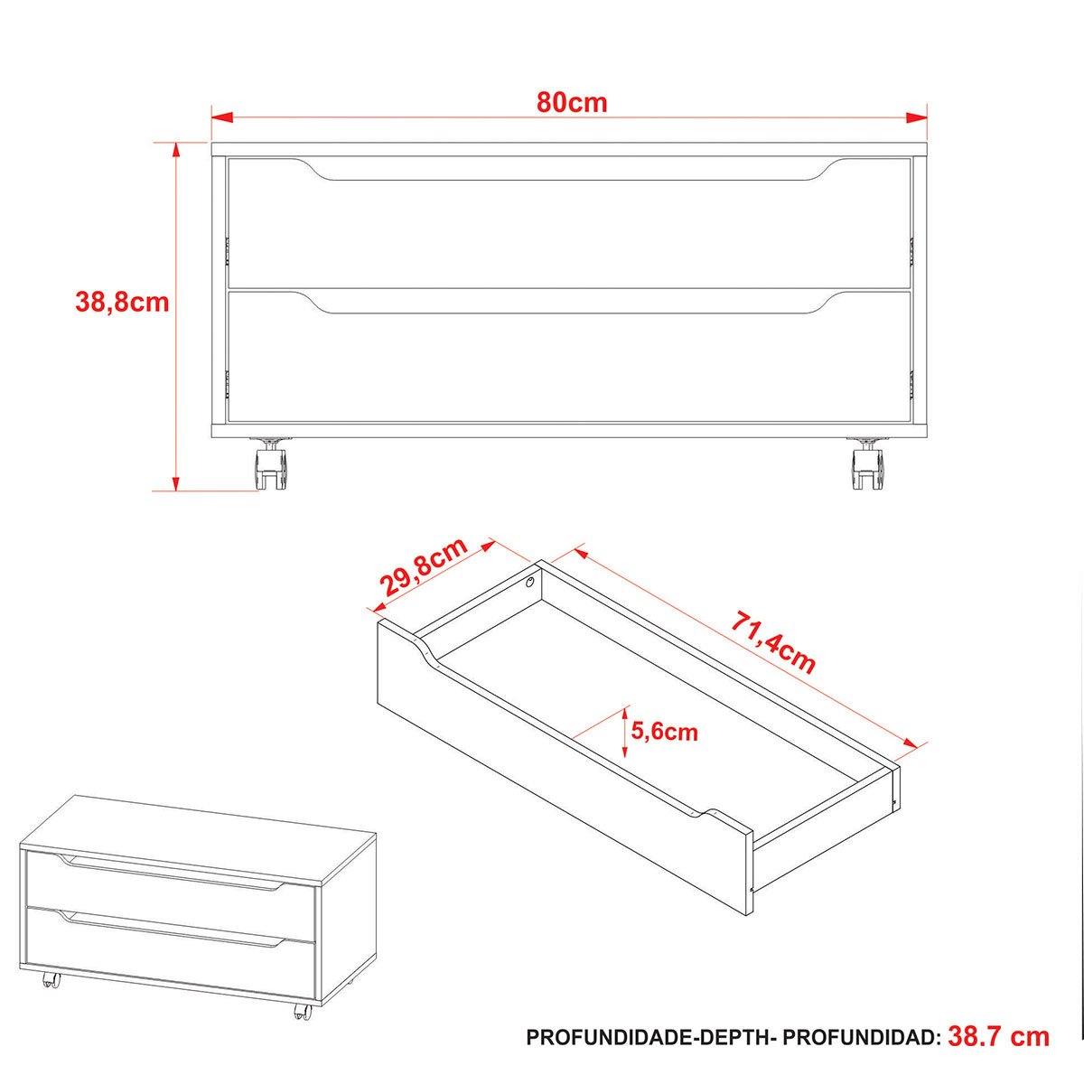 Balcão para Gabinete de Banheiro 2 Gavetas e Rodízios Branco