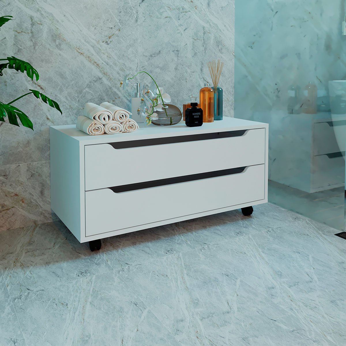 Balcão para Gabinete de Banheiro 2 Gavetas e Rodízios Branco