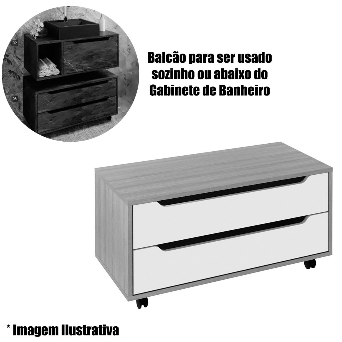Balcão para Gabinete de Banheiro 2 Gavetas e Rodízios Mármore Lunar