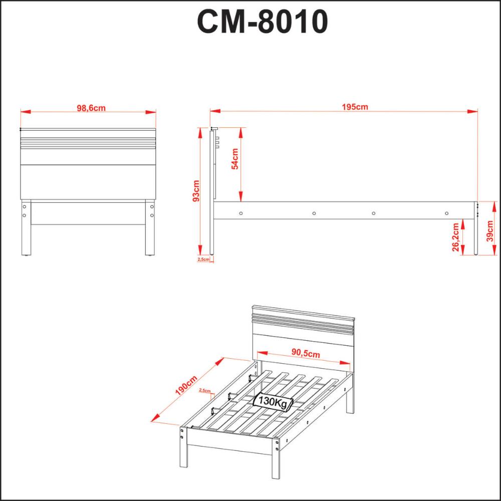Cama de Solteiro CM8010 Para Colchão de 88cm Amêndoa/Branco Tecnomobili