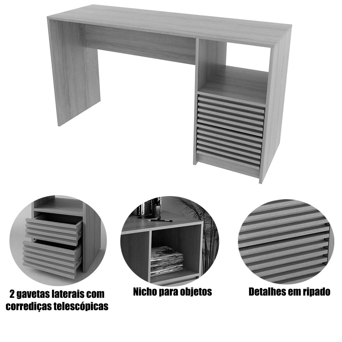Escrivaninha Mesa de Escritório 2 Gavetas Ripado Branco