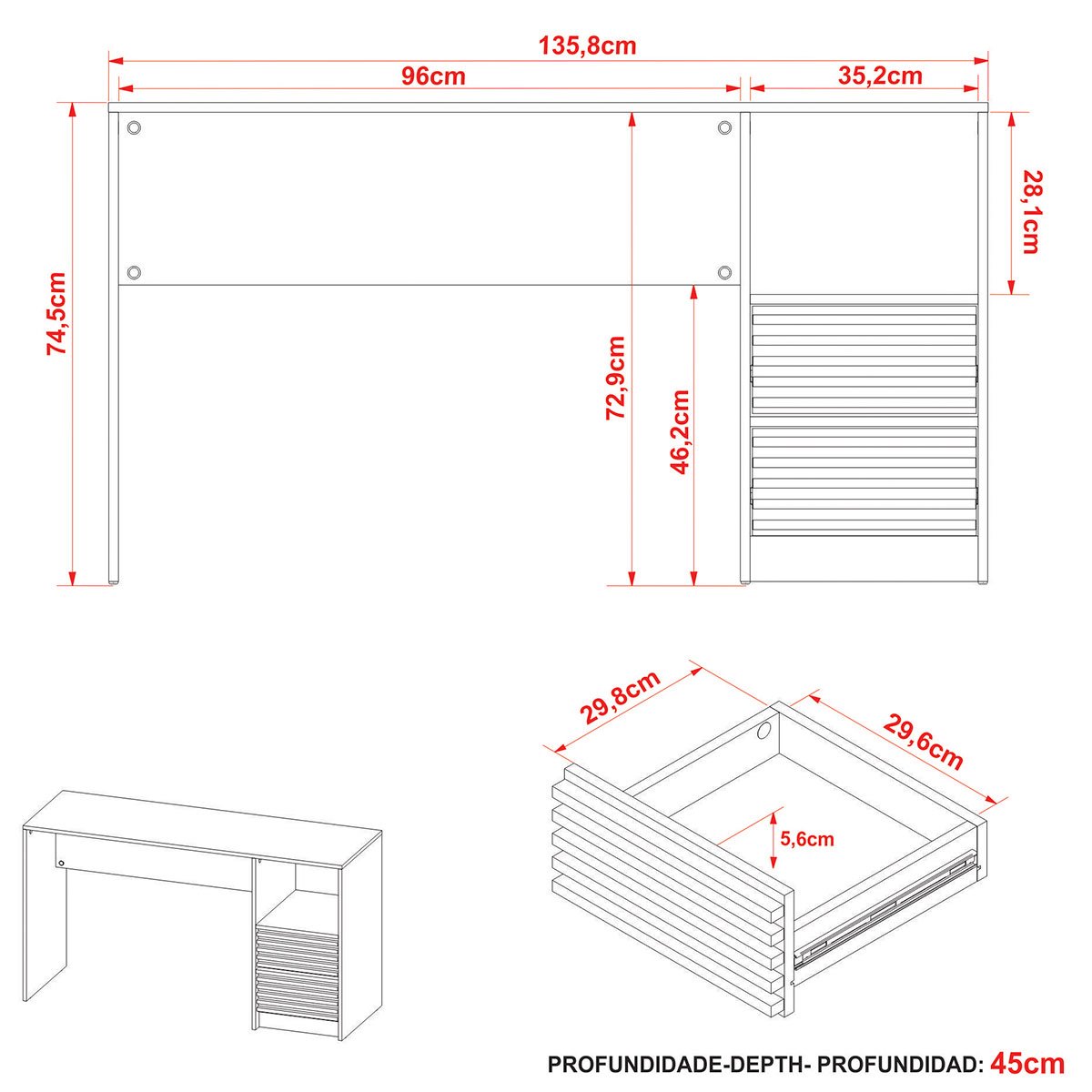 Escrivaninha Mesa de Escritório 2 Gavetas Ripado Branco