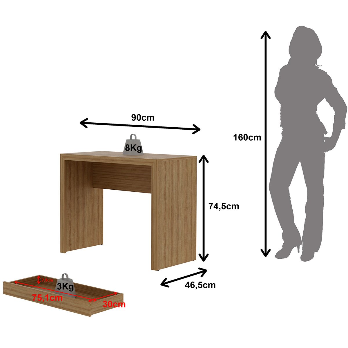 Escrivaninha Mesa de Escritório 90 cm 1 Gaveta Amêndoa