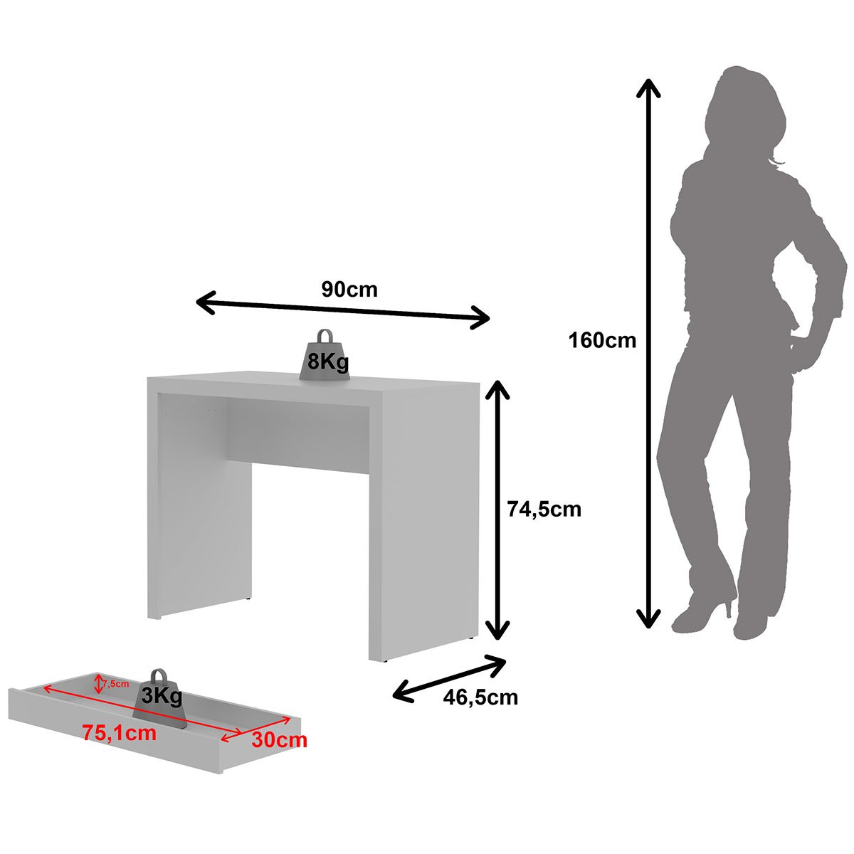 Escrivaninha Mesa de Escritório 90 cm 1 Gaveta Branco