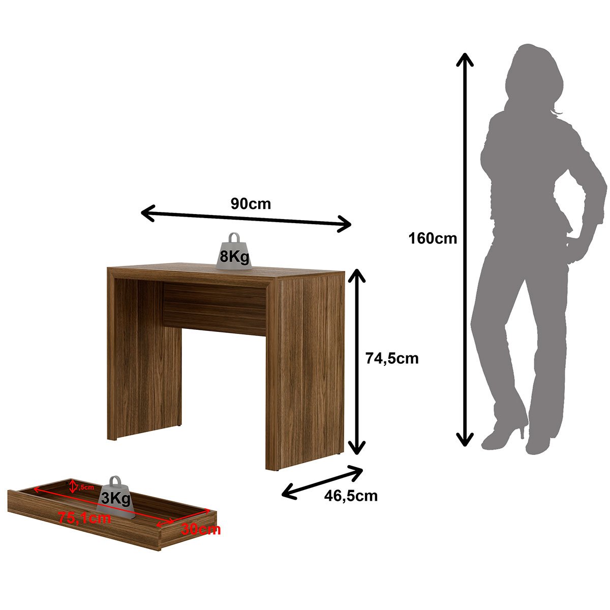 Escrivaninha Mesa de Escritório 90 cm 1 Gaveta Nogal