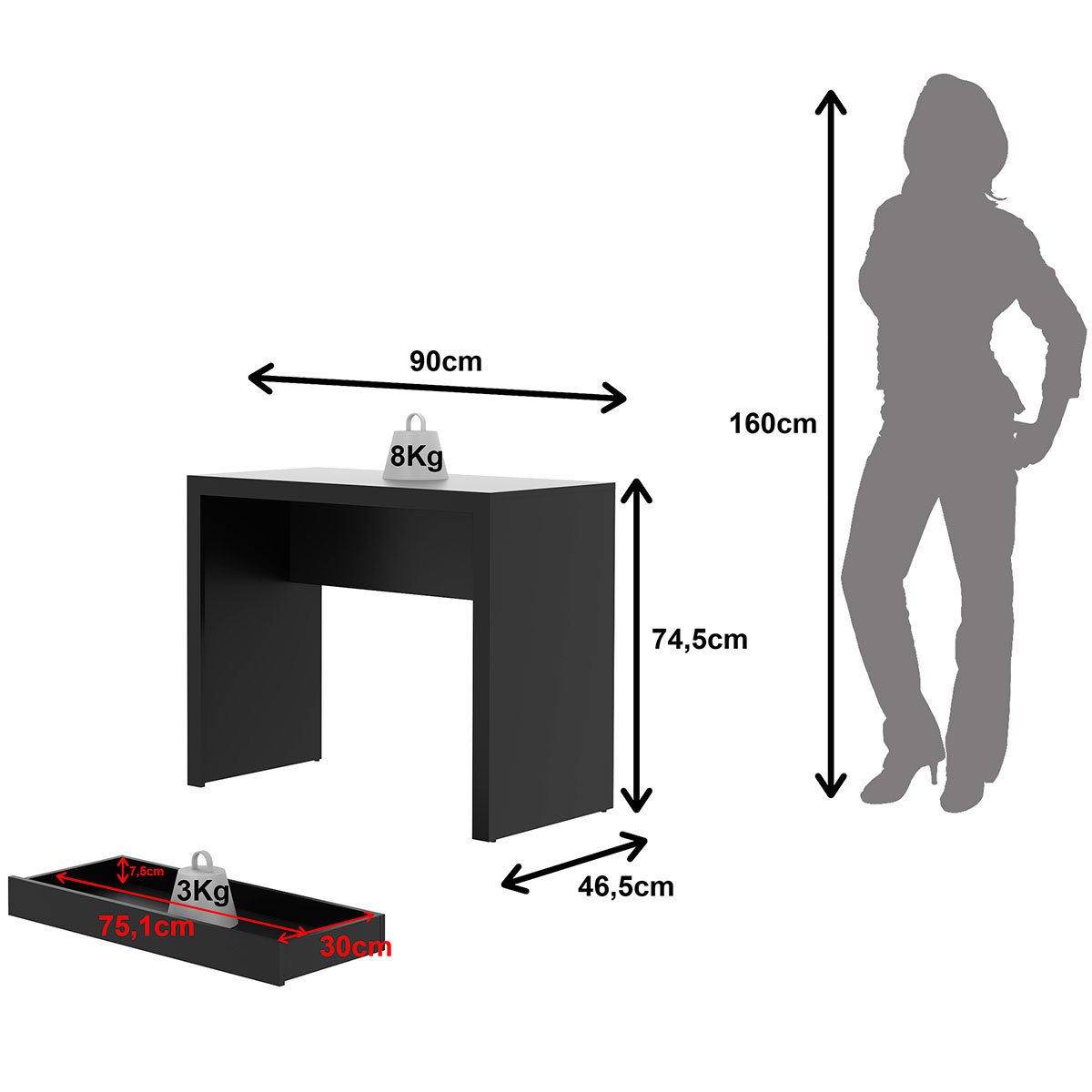 Escrivaninha Mesa de Escritório 90 cm 1 Gaveta Preto