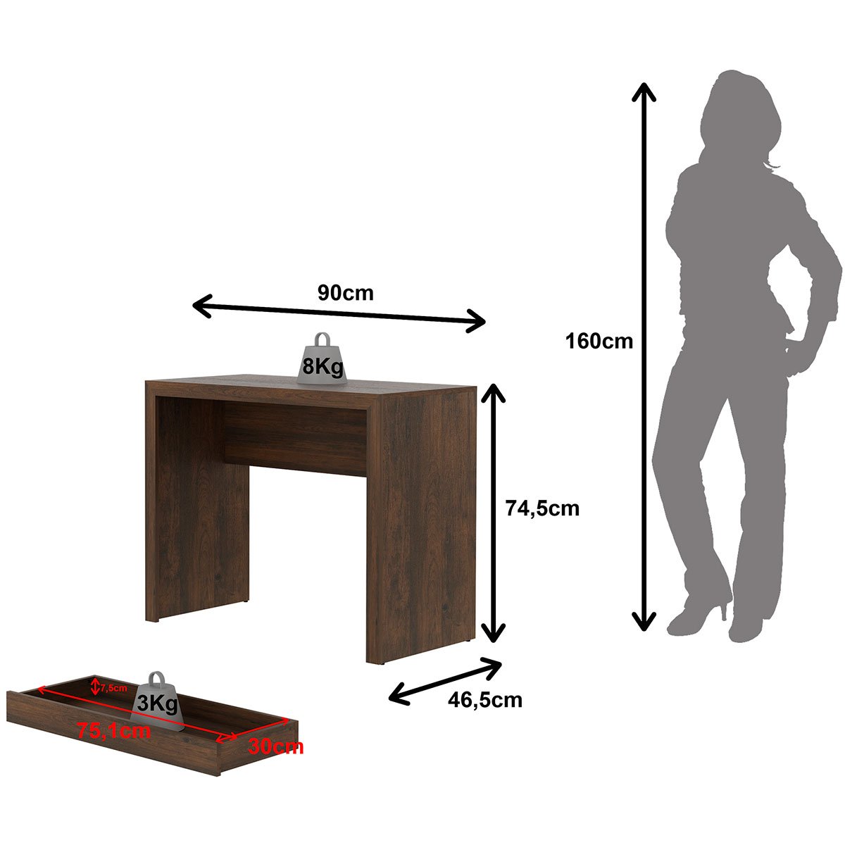 Escrivaninha Mesa de Escritório 90 cm 1 Gaveta Rústico