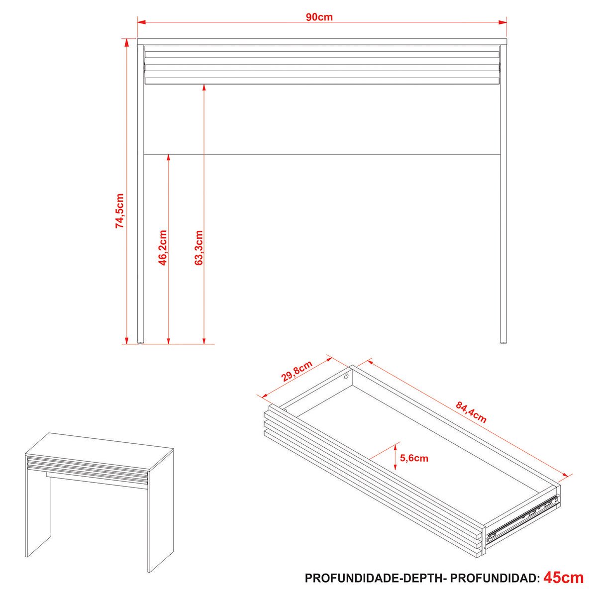 Escrivaninha Mesa de Escritório 90 cm 1 Gaveta Ripado Amêndoa
