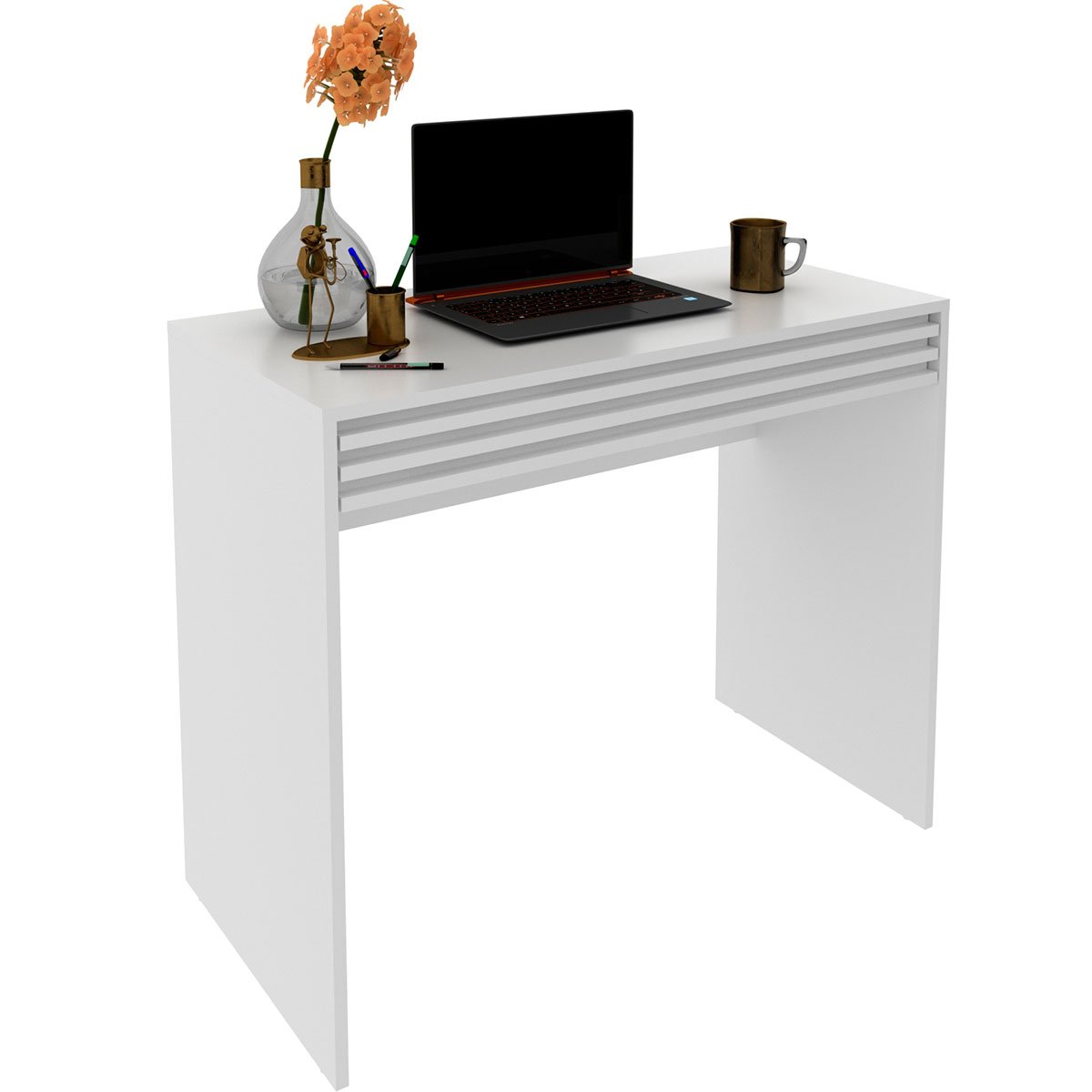 Escrivaninha Mesa de Escritório 90 cm 1 Gaveta Ripado Branco
