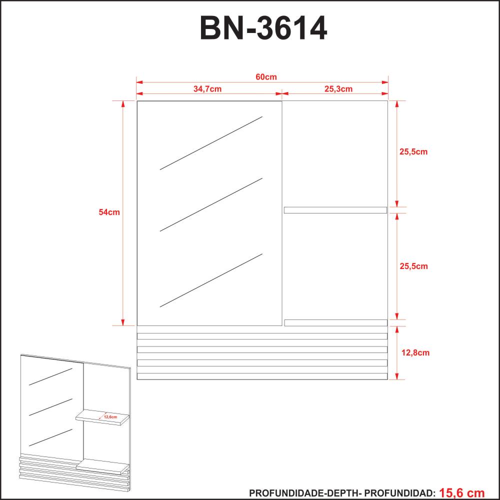Espelheira Suspensa para Banheiro 60cm com 2 Prateleiras BN3614 Amêndoa