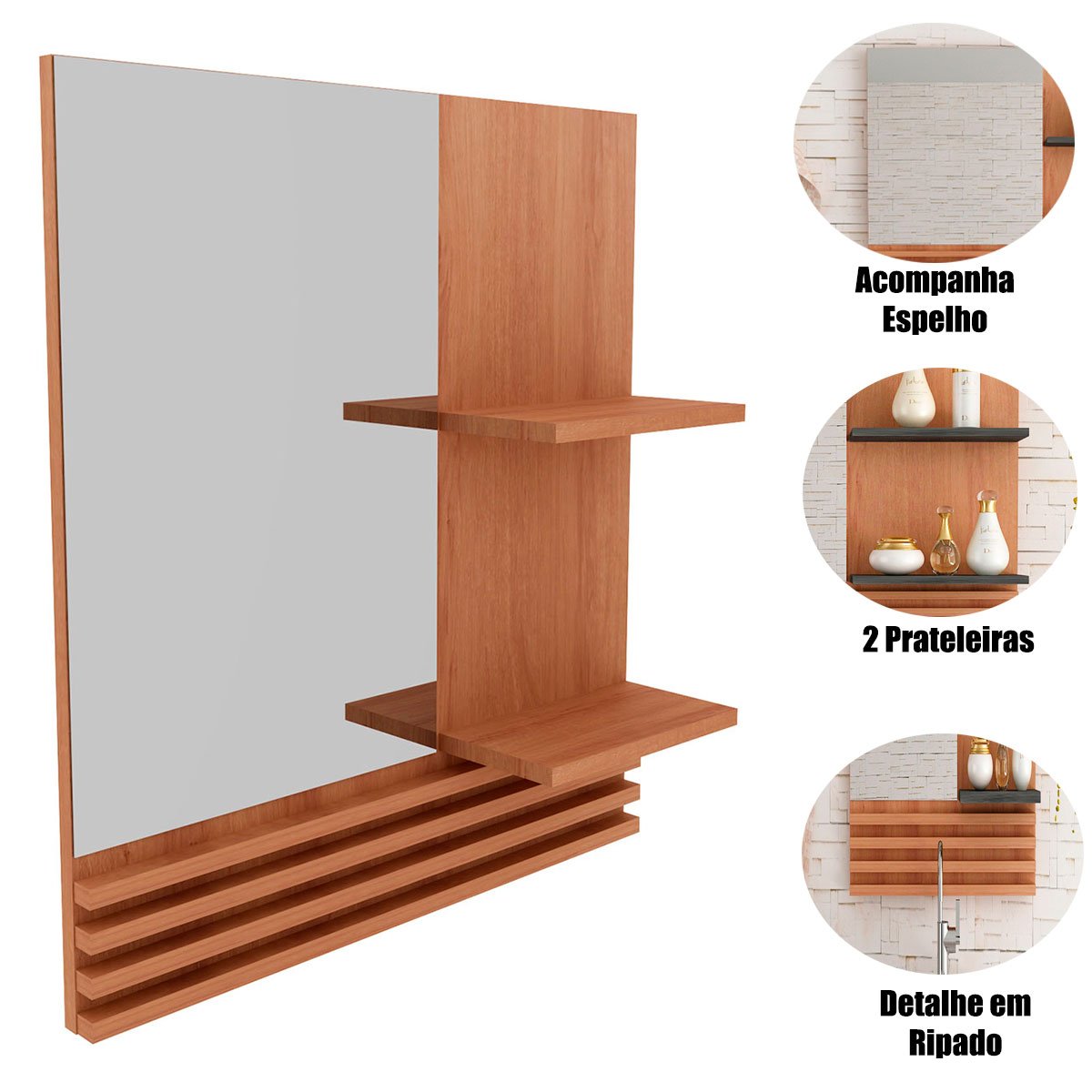 Espelheira para Banheiro 60 cm 2 Prateleiras Sâmia  Amêndoa