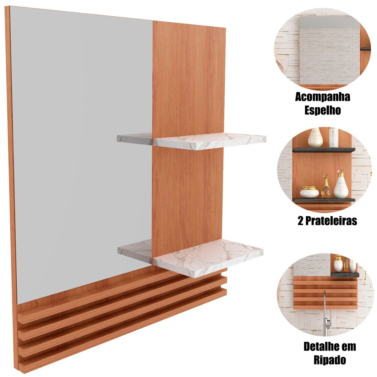 Espelheira para Banheiro 60 cm 2 Prateleiras Sâmia  Amêndoa/Mármore Branco