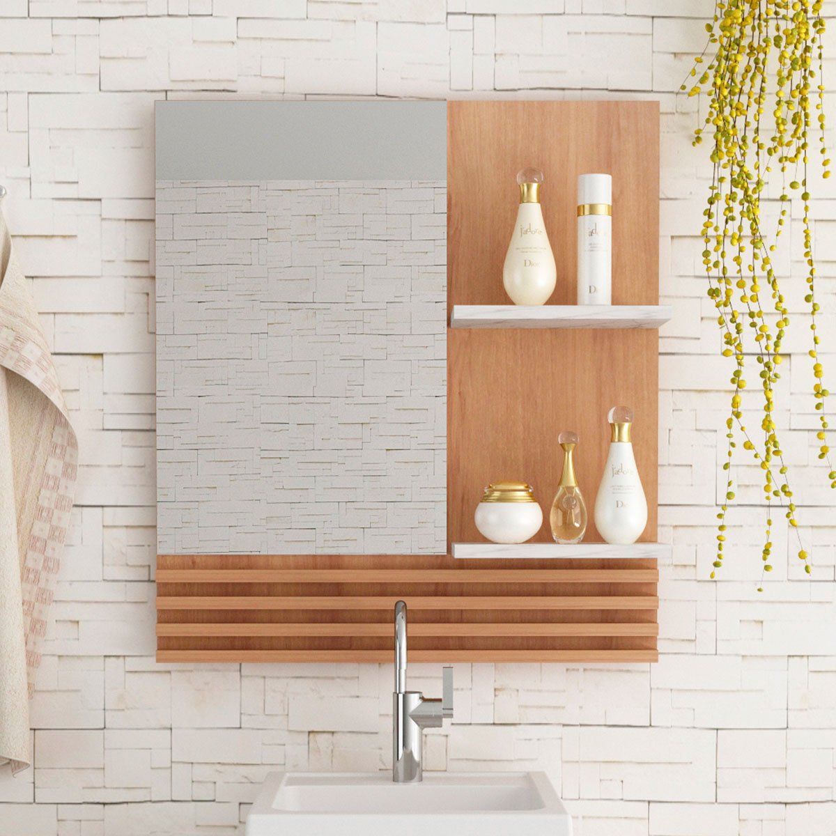 Espelheira para Banheiro 60 cm 2 Prateleiras Sâmia  Amêndoa/Mármore Branco