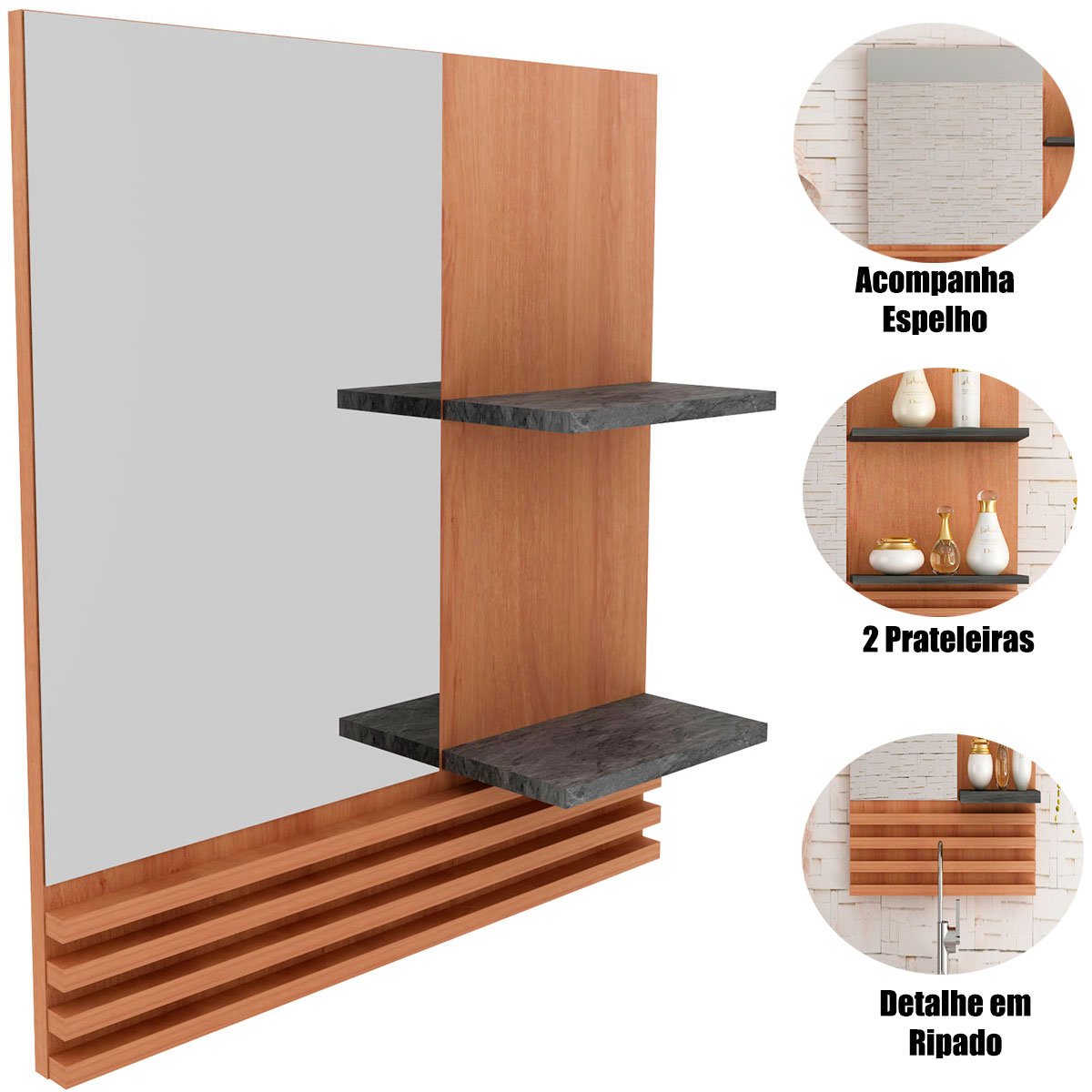 Espelheira para Banheiro 60 cm 2 Prateleiras Sâmia  Amêndoa/Mármore Lunar