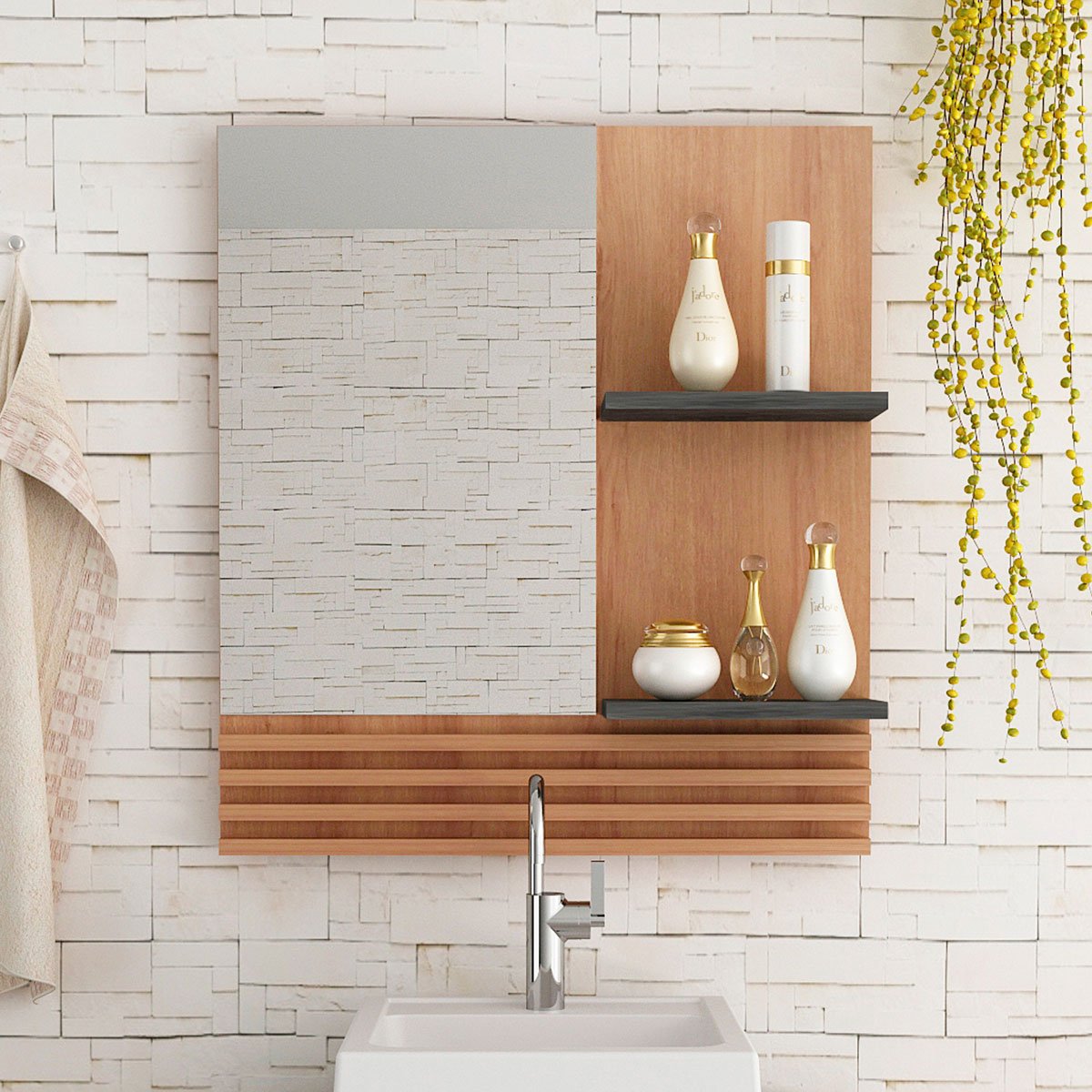 Espelheira para Banheiro 60 cm 2 Prateleiras Sâmia  Amêndoa/Mármore Lunar