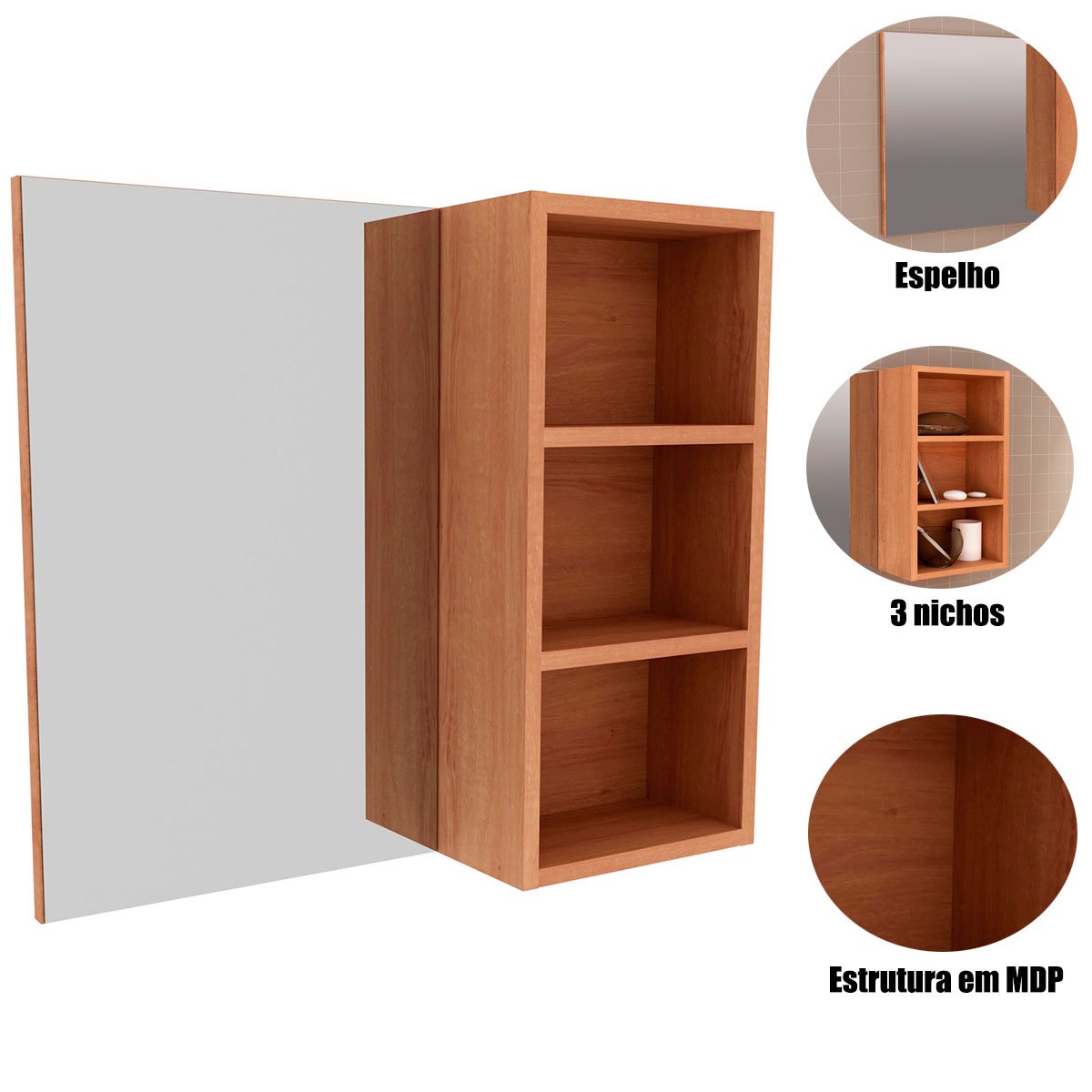 Espelheira para Banheiro 60 cm 3 Nichos Valente Amêndoa