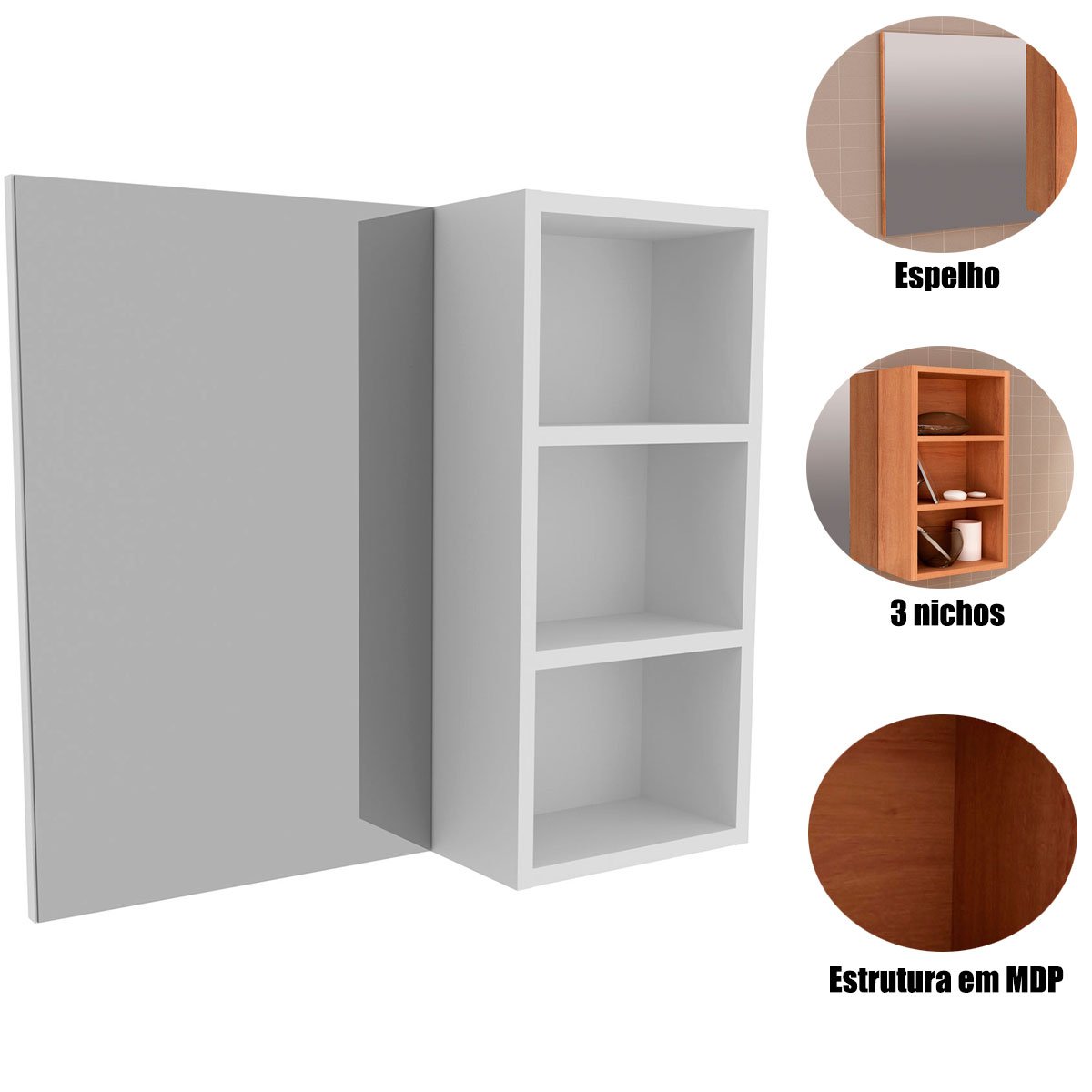 Espelheira para Banheiro 60 cm 3 Nichos Valente Branco