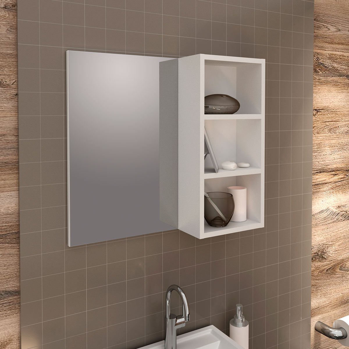 Espelheira para Banheiro 60 cm 3 Nichos Valente Branco