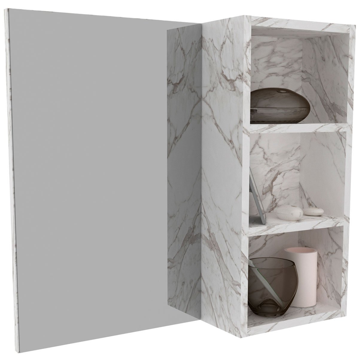 Espelheira para Banheiro 60 cm 3 Nichos Valente Mármore Branco