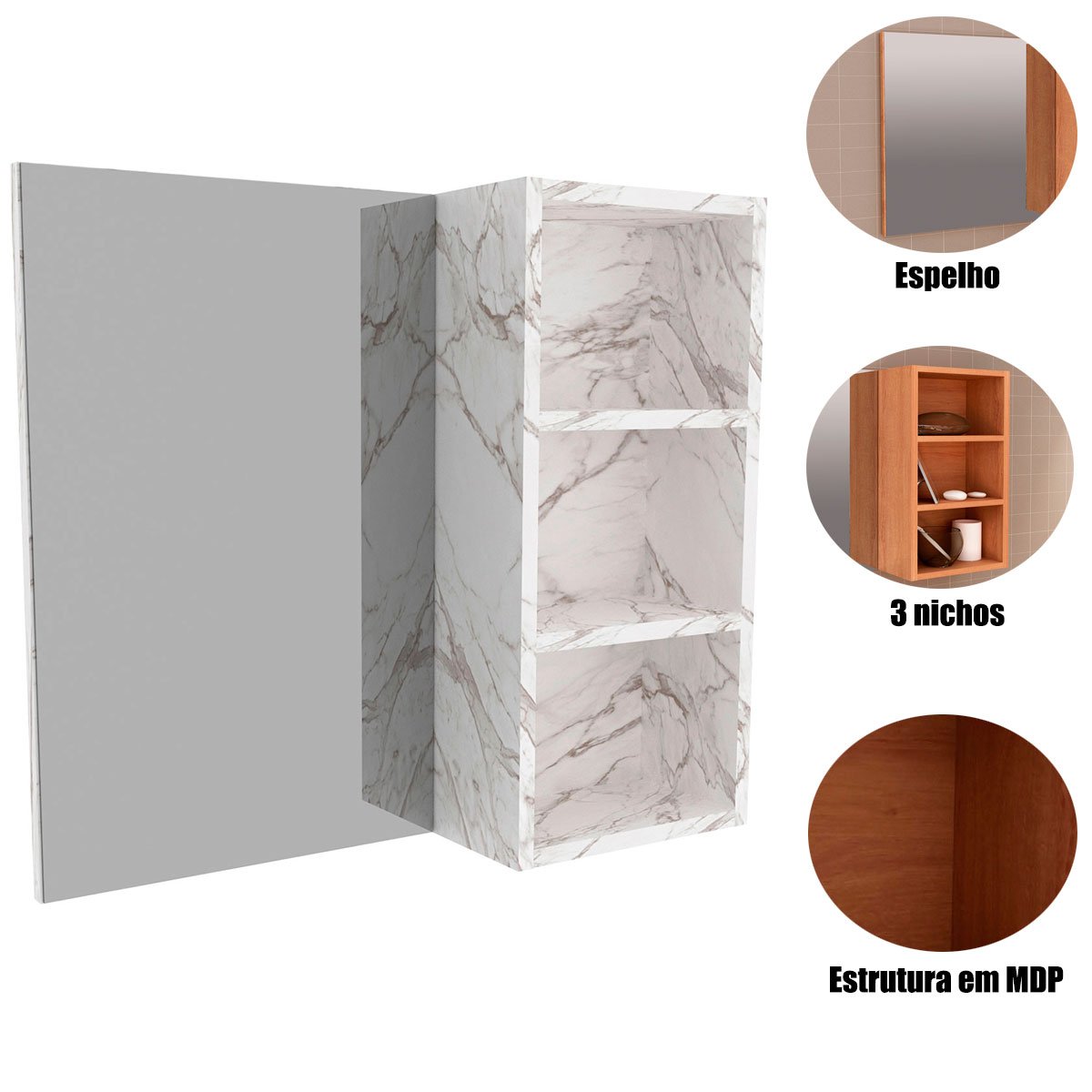 Espelheira para Banheiro 60 cm 3 Nichos Valente Mármore Branco