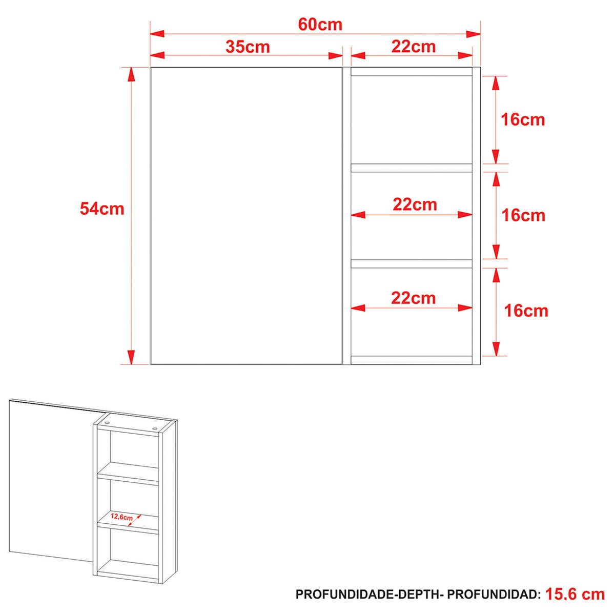 Espelheira para Banheiro 60 cm 3 Nichos Valente Mármore Branco