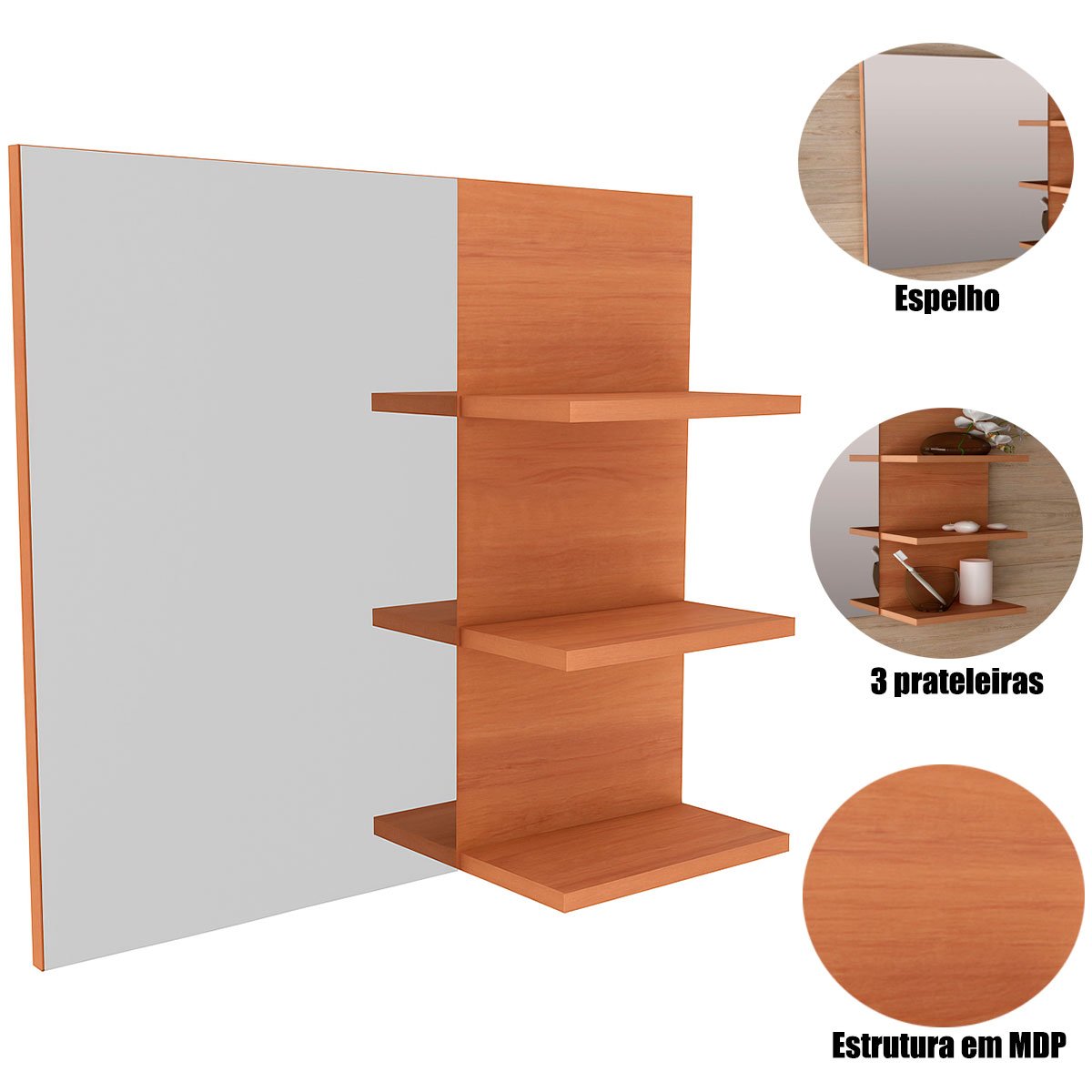 Espelheira para Banheiro 60 cm 3 Prateleiras Romana Amêndoa