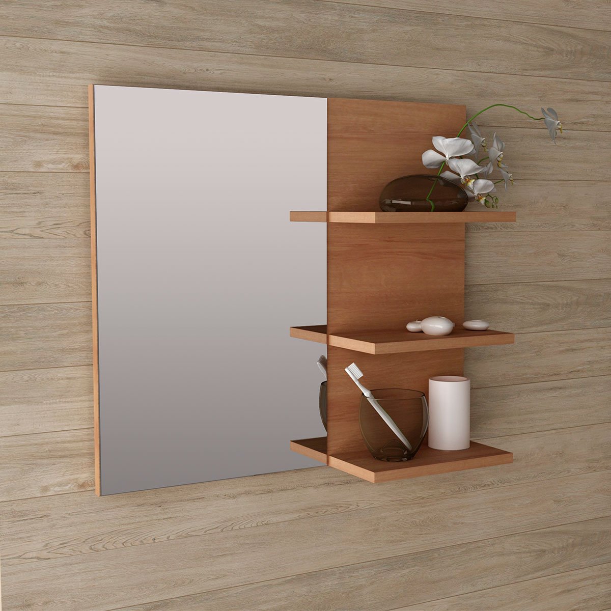 Espelheira para Banheiro 60 cm 3 Prateleiras Romana Amêndoa
