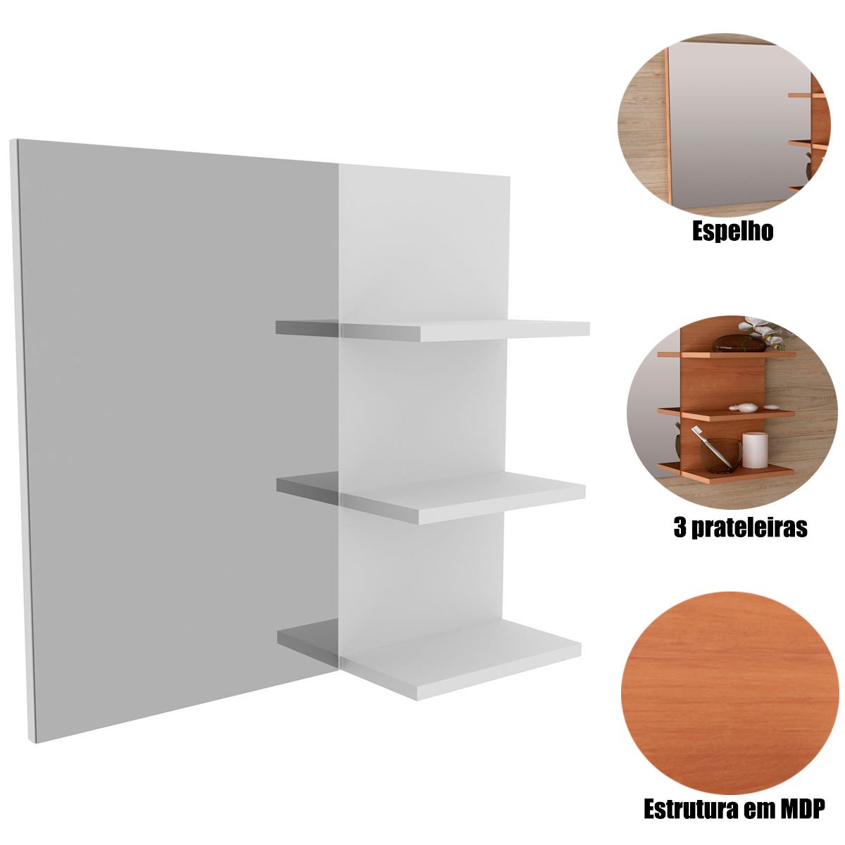 Espelheira para Banheiro 60 cm 3 Prateleiras Romana Branco